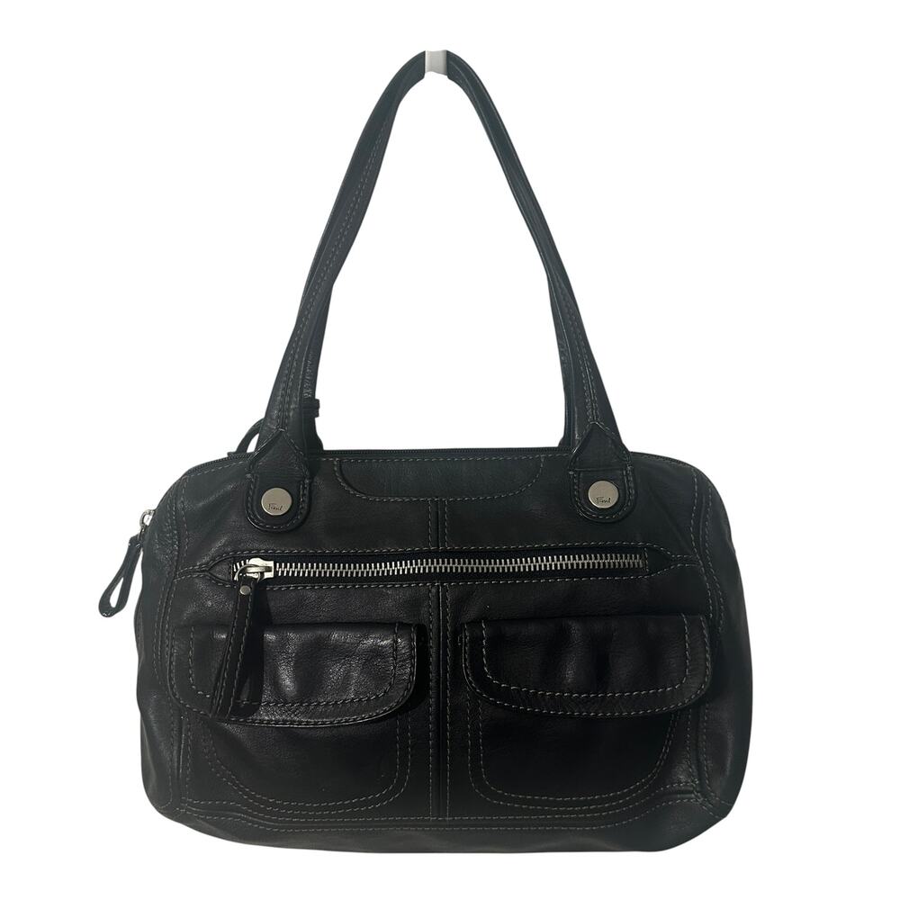 Fossil Black Leather Pocket Bag with Key Womens Slouchy Boho Y2K Purse